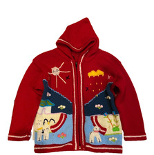 VTG Handmade Ecuadorian Wool Kids Hoodie Sweater Jacket Sun Cloud Red Size 3T/4T picture