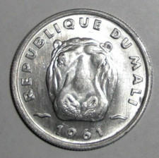 1961 Mali 5 francs Hippo Coin Animal African Wildlife picture