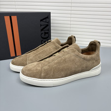 Men ZEGNA Triple Stitch SECONDSKIN Taupe Suede Men Slip On Sneakers picture