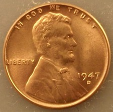 1947-D Denver mint Red Uncirculated UNC BU Lincoln cent wheat penny picture