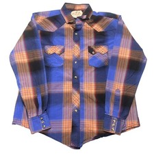 Wrangler Western Pearl Snap Shirt Blue Orange Plaid Mens L MV1410M Cowboy Cotton picture