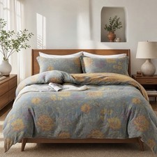 NEW Anthropologie Blue Orange Floral Cotton Queen / King Bedding Duvet Sham Set picture