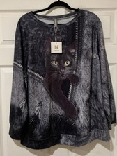 NWT Nora Cora Sz XL Women's Black 3D Funny Cat Zipper Long Sleeve Pullover Top picture