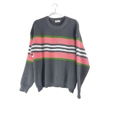 Anna-Kaci Womens XL Grey Pink Striped Ribbed Knit Oversized Crew Neck Sweater picture