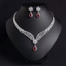 Vintage Red Teardrop Crystal Necklace Earrings Set Silver Bridal Jewelry picture