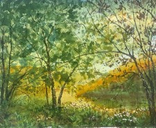 Original Sunlit Forest Landscape 10x8 Watercolor Painting - Signed cottage core picture