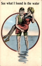 Bathing Beauty Couple SEE WHAT I FOUND IN THE WATER c1910 Vintage Postcard picture