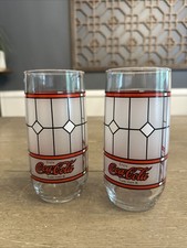 2 Vintage Libbey Coca Cola Drinking Glasses Tiffany Frosted Stained Glass picture