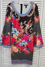 Forever 21 Black Multicolor Floral Shift Dress Scoop Neck 3/4 Sleeve Short S picture