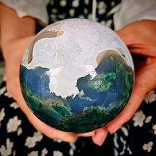 2.42LB TOP Natural Water plant agate geode quartz ball crystal hand carved picture