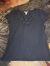 RXB Womens Navy Blue Fancy Scoop Neck %95 Cotton Tshirt With Beads & Crochet... picture