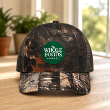 Whole Foods Market Camo Trucker Mesh Snapback Adjustable Embroidered Logo Hat picture
