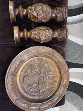 4pc Vintage Yugoslavian Hand Carved Wood Set Flower Plate Stand Candlesticks MCM picture