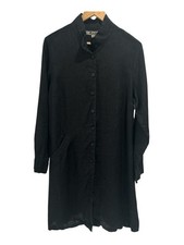 Flax Linen Button Front Black Flowy Lagenlook Knee Length Shirt Dress - S picture