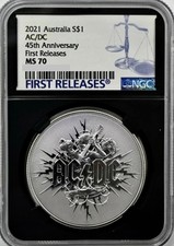2021 Australia $1 AC⚡️DC 45th Anniversary .999 FINE  NGC MS70 Antiqued - FR picture