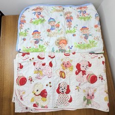 Lot of 2 Vintage Handmade Quilted Baby Blankets Retro Nursery Prints picture