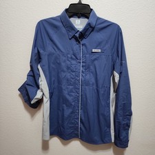 Columbia Omni-Freeze Zero Cooling Women’s Button-Front Shirt L Blue/Gray Roll Up picture