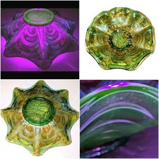 Antique Imperial Glass Helios Green Carnival Glass Pansy Bowl Strong UV Reactive picture