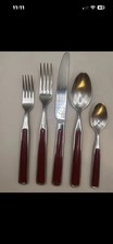 SEED of France Burgundy Maroon Stainless Flatware 5 Pc Set Complete Place Set VT picture