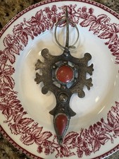 Antique Moroccan Berber Fibula Red Stone Engraved Pin Brooch Pendant Large Women picture
