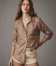 Anthropologie Sequins Remie XS P Blouse Bronze Gold Metallic Button Up Glitzy picture
