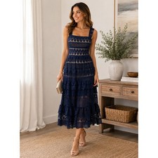 Lulus Remarkable Navy Blue Lace Tiered Midi Dress Square Neck NWT Small picture