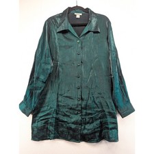 Notations Woman Emerald Green Iridescent Shimmer Button Down Blouse Tunic 1X picture