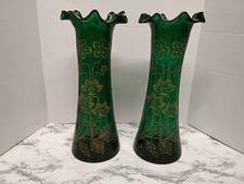Antique Victorian Pair Bohemian Emerald Green Art Glass Vases Gold Enamel Ruffle picture