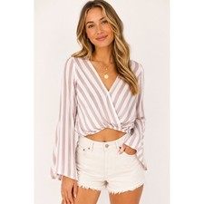 Sadie & Sage Made in USA Blush Stripe Wrap Crop Top Bell Sleeve Boho Small picture