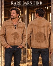 Vintage Men’s Southwestern Aztec Suede Leather Lace Pullover Shirt 50s 60s #201 picture