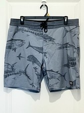 Pelagic Performance Deep Drop Gyotaku Fishing Board Shorts Size 38 Blue 8” picture
