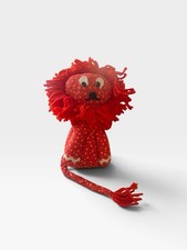 Vtg. Handcrafted red fabric lion toy features a bright yarn mane and a long tail picture