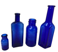 Antique Cobalt Blue Bottles 4 Pharmacy Bromo-Seltzer Dandrine Laxol Chelfs Comp picture