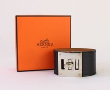 Hermes Auth Black Swift Leather Kelly Dog Cuff Bracelet Palladium Hardware picture