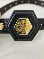 Vintage Revillon Paris Black Calf Leather Studded Belt Gold Crest Hexagon Buckle picture