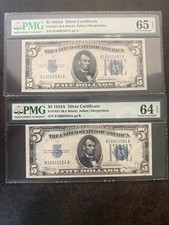 2 Sequential- PMG 1934A $5 Silver Certificates KA block Graded 65 EPQ and 64 EPQ picture