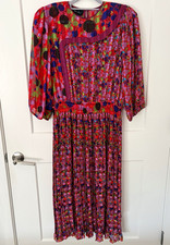VTG 80s Diane Freis Mixed Floral Pleated Midi Dress Smocked Waist One Size M/L picture