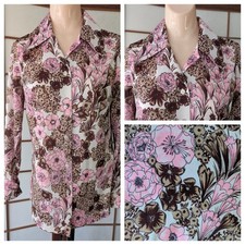 Vtg 1960s 1970s Hippie Floral Tunic Lgth Shirt Dagger Collar Psychedelic Mod Med picture