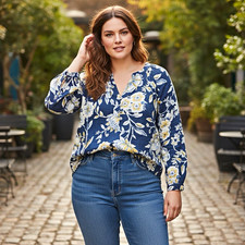 Talbots Women's plus 1X Blue Yellow Floral Split Neck 100% cotton Blouse picture