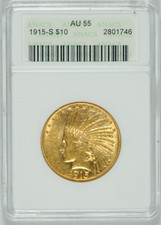 1915-S $10 Gold Indian ANACS AU55 in a Soap Box Holder Pre-1933 Gold Coin picture