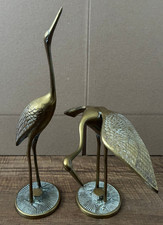 Vintage Mid Century Solid Brass Crane Egret Heron Bird Statues Figures Set Of 2 picture