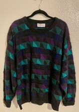 Vintage Jantzen Men's XL Geometric Knit Sweater Made USA Teal Purple picture