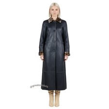 Artico Black Leather Long Coat Animal Print Shearling Lining $5,495 Size 42 picture