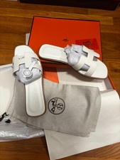 Hermès Womens White Leather Logo Slip-On Slide Sandals US 8 New w/ Box picture
