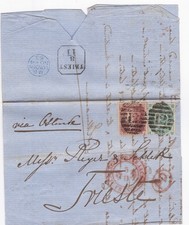 1863 QV 1d RED STAR + 1/- GREEN STAMP ON LONDON ENTIRE TO TRIESTE AUSTRIA FRANCO picture