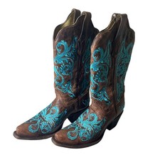 CORRAL Women’s Brown Leather Cowboy Boots Turquoise Embroidered Western 6.5 M picture