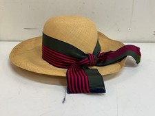 Vintage Montaldo’s Woven Straw Beach Hat Wide Brim Red Green Striped Ribbon picture