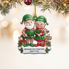 Personalized Growing Old Together Elf Couple 2D Flat Plywood Christmas Ornament picture