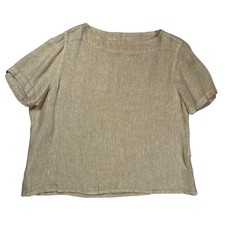 Flax Linen Top Women's Medium Yellow Boat Neck Short Sleeve Minimalist Lagenlook picture