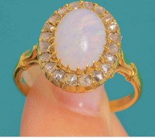 Antique Victorian 15k Yellow Gold Diamond Halo Opal Ring Lillicoco picture